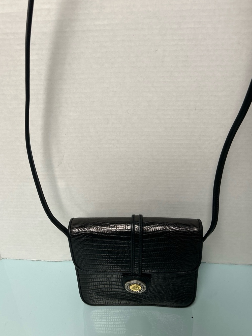 Black Faux-Croc Crossbody Bag with Gold Accent